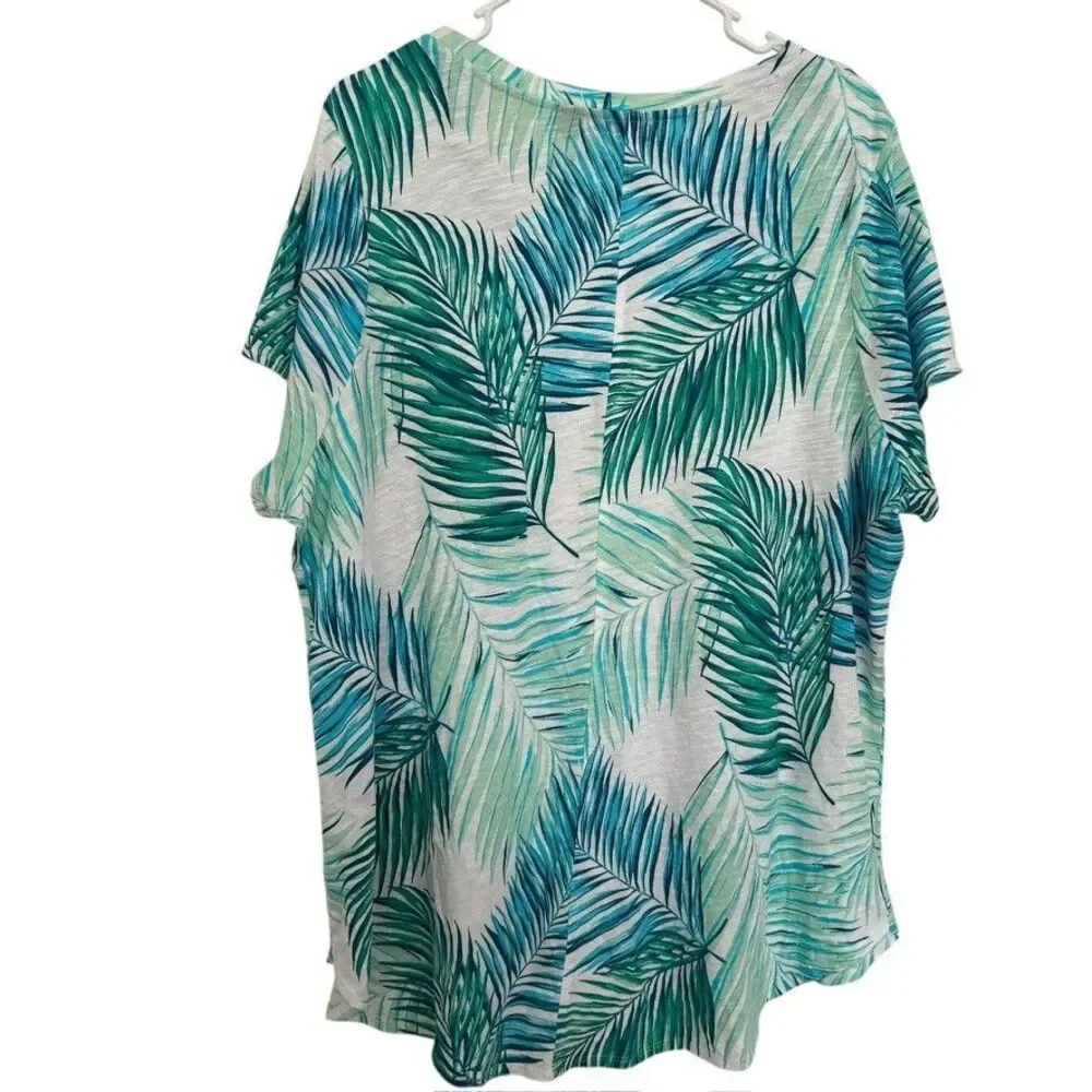 TAHARI Blouse 2X Tropical Palm Leaf V-Neck Short Sleeve Lightweight Cotton Top - Picture 2 of 4